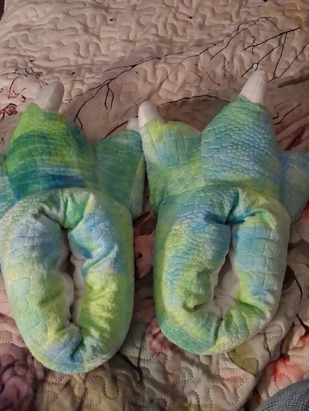 Plush Dinosaur Slip-On Slippers - Blue Green Tie-Dye